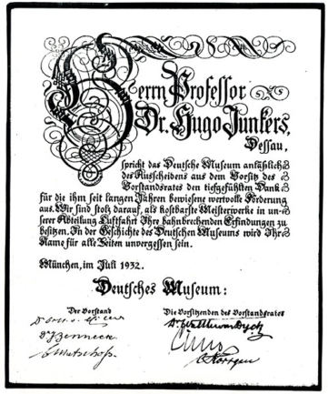 Dankschreiben an Prof. Dr. Hugo Junkers - Ausscheiden aus dem Vorstand