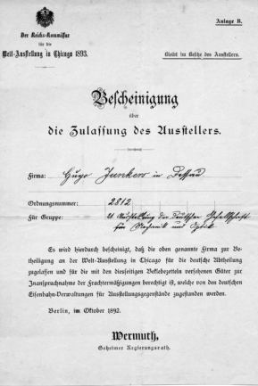 Bescheinigung über die Zulassung des Ausstellers Junkers zur Weltausstellung in Chicago 1893