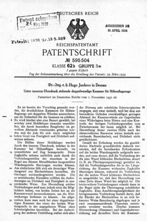 Patentschrift Nr. 595504 "Unter innerem Überdurck stehende doppelwandige Kammer für Höhenflugzeuge"