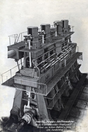 Junkers Schiffsmaschine mit 3.000 PS für ein 10.000 t Einwellen-Frachtschiff, erbaut von William Doxford u. Sons Ltd, Sunderland