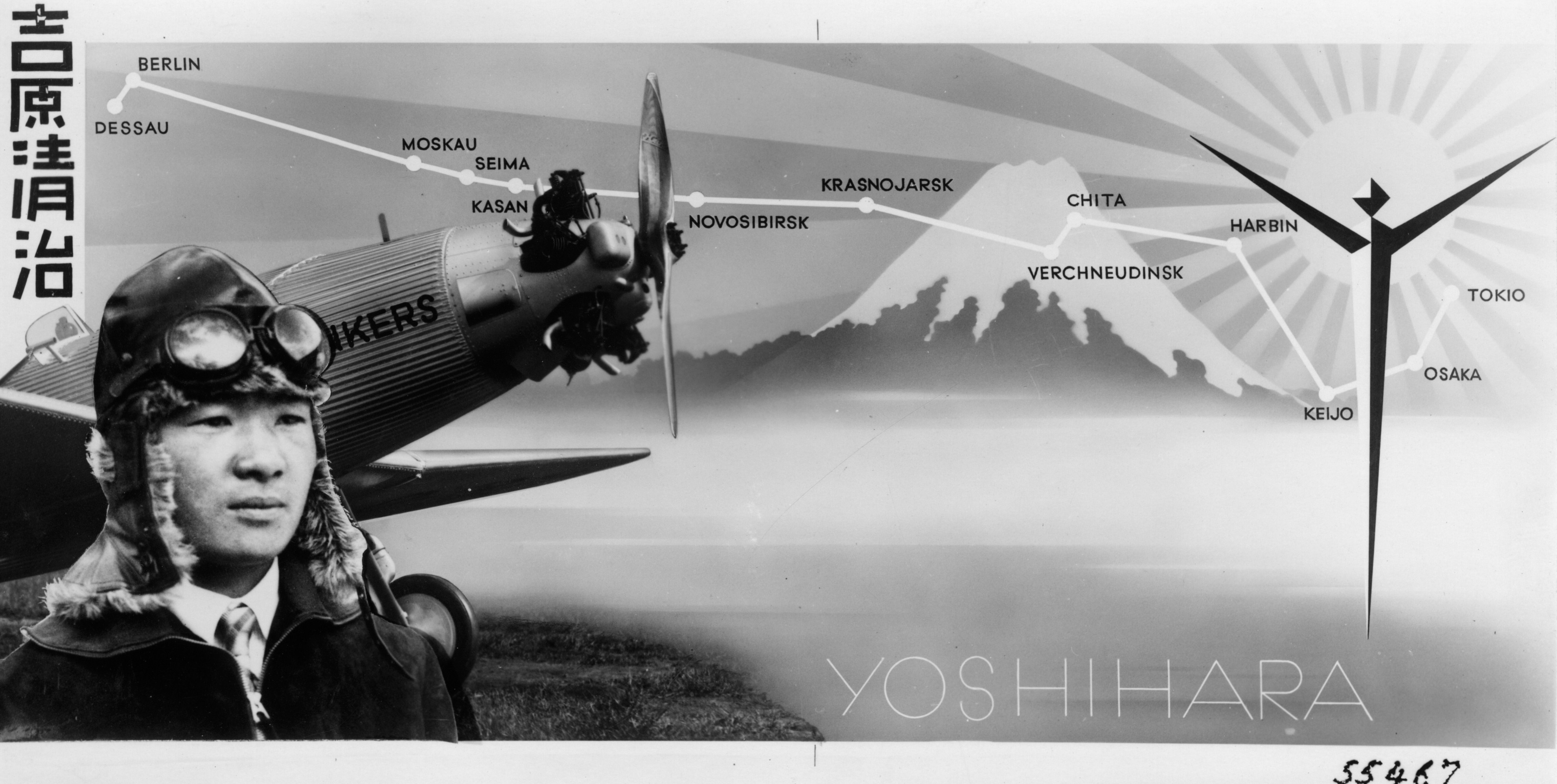 Der japanische Sportflieger und Redakteur Yoshihara und seine Route von Dessau nach Tokio